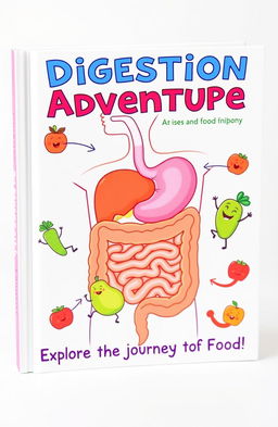 A colorful and educational book cover illustrating the human digestive system in a friendly and engaging way