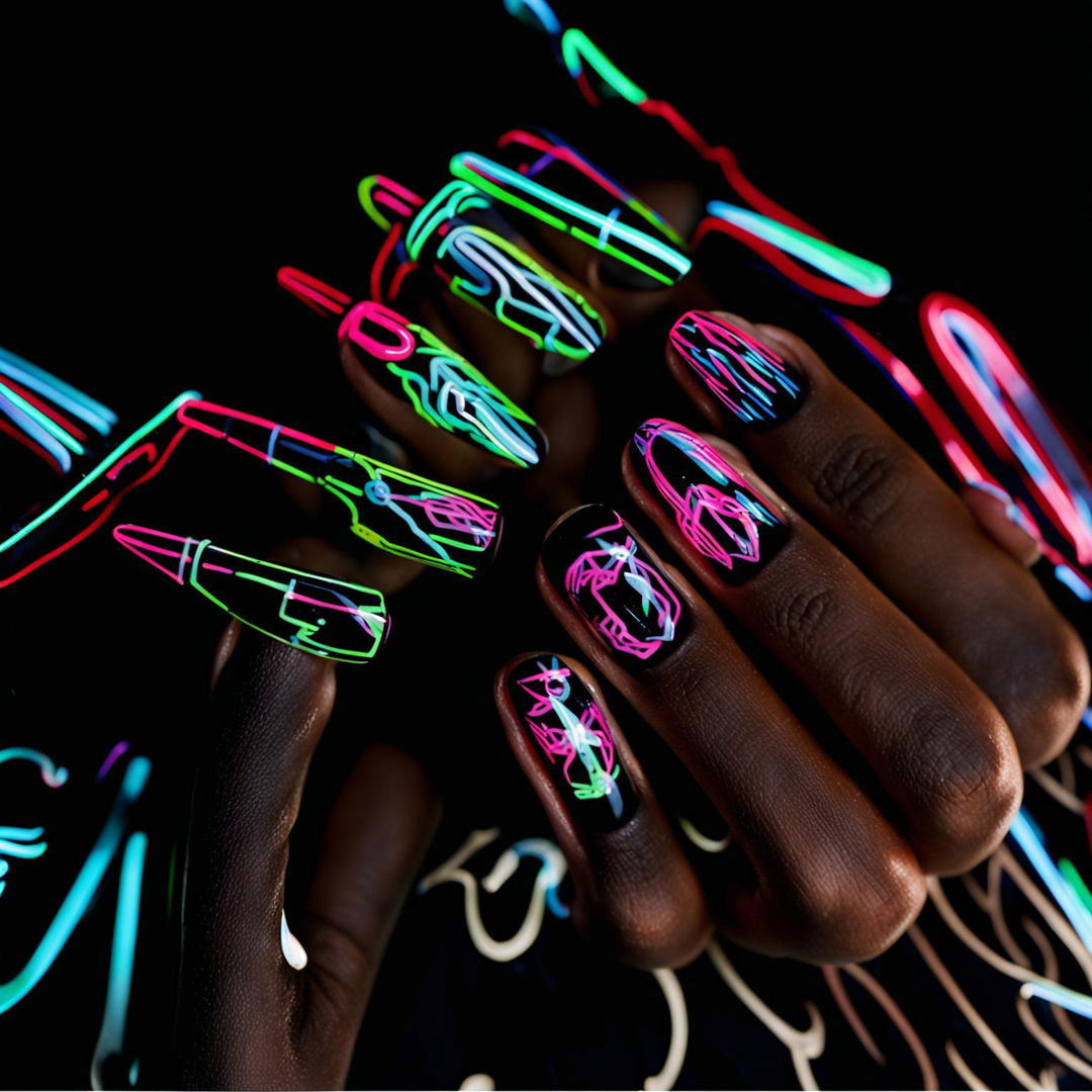 Close-up photograph of a hand with nails painted in intricate designs inspired by neon lights against a glossy black background.