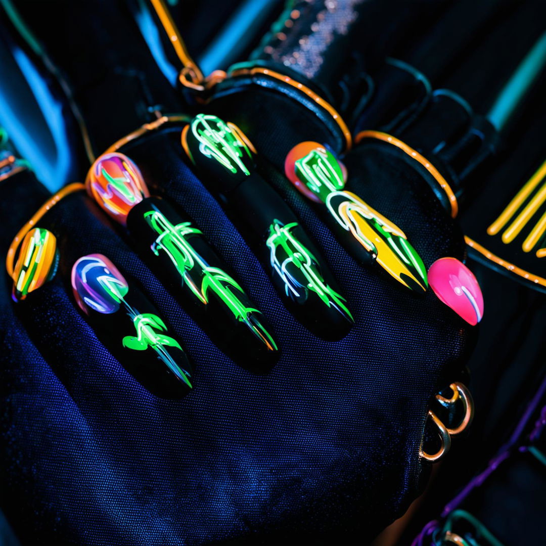 Photograph of a hand showcasing nail art inspired by vibrant neon signs against a dark cityscape.