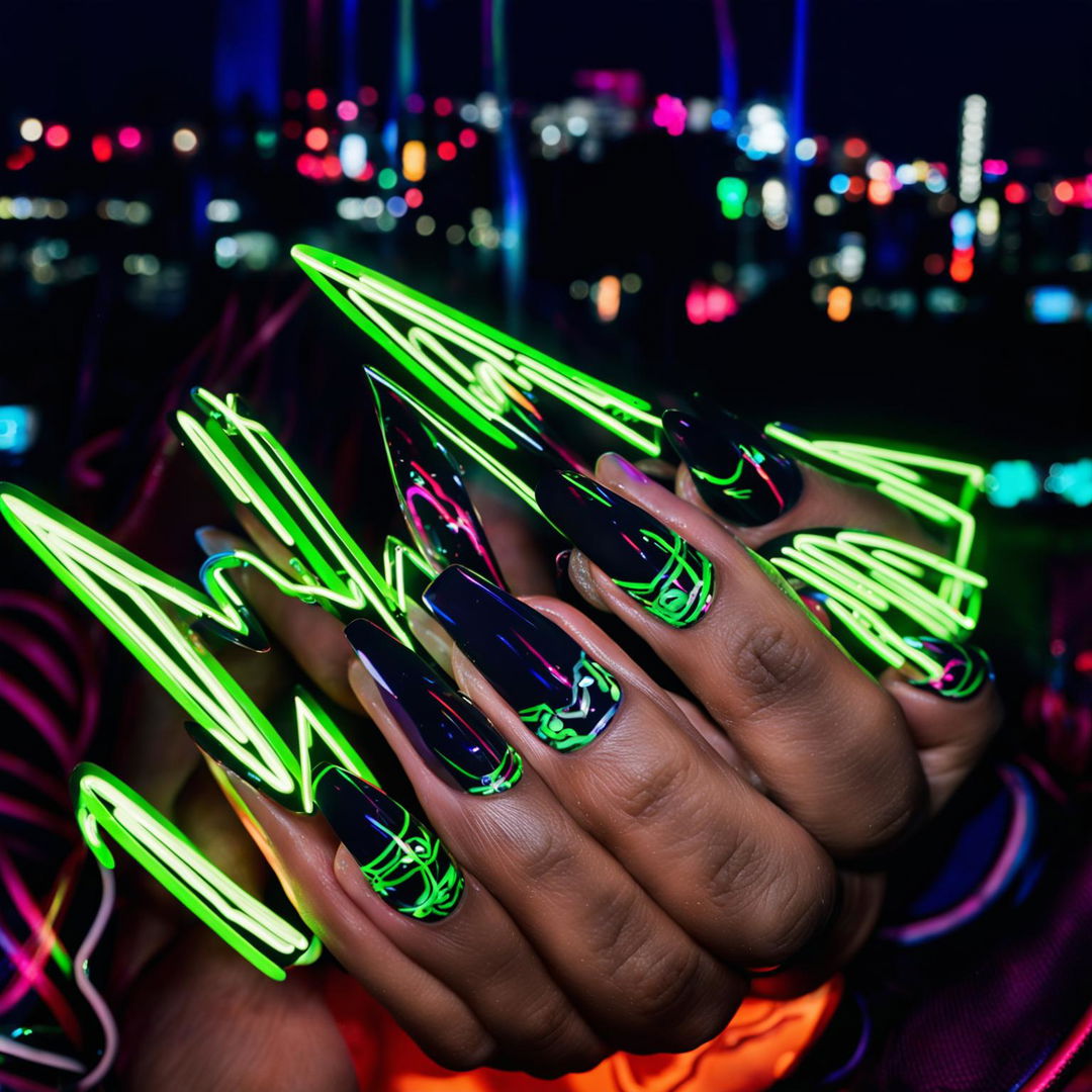 Photograph of two hands with nail art inspired by neon lights against a dark cityscape.