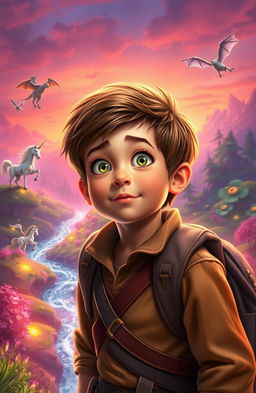 A young boy with a look of wonder and excitement, surrounded by vibrant, magical landscapes in a fantasy world