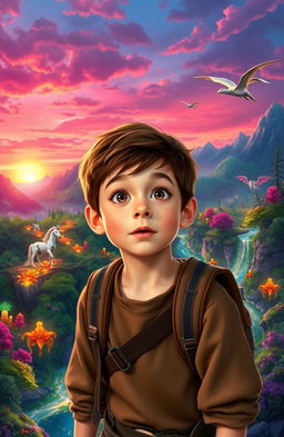 A young boy with a look of wonder and excitement, surrounded by vibrant, magical landscapes in a fantasy world