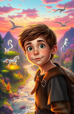 A young boy with a look of wonder and excitement, surrounded by vibrant, magical landscapes in a fantasy world
