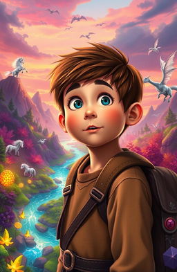 A young boy with a look of wonder and excitement, surrounded by vibrant, magical landscapes in a fantasy world