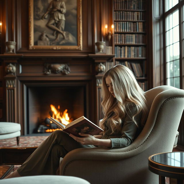 A luxurious living room featuring a grand fireplace with flickering flames, and a large, well-stocked bookshelf filled with books