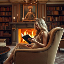 A luxurious living room featuring a grand fireplace with flickering flames, and a large, well-stocked bookshelf filled with books