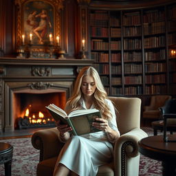 A luxurious living room featuring a grand fireplace with flickering flames, and a large, well-stocked bookshelf filled with books