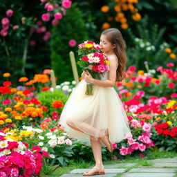 A beautiful girl standing gracefully while smelling a bouquet of colorful flowers