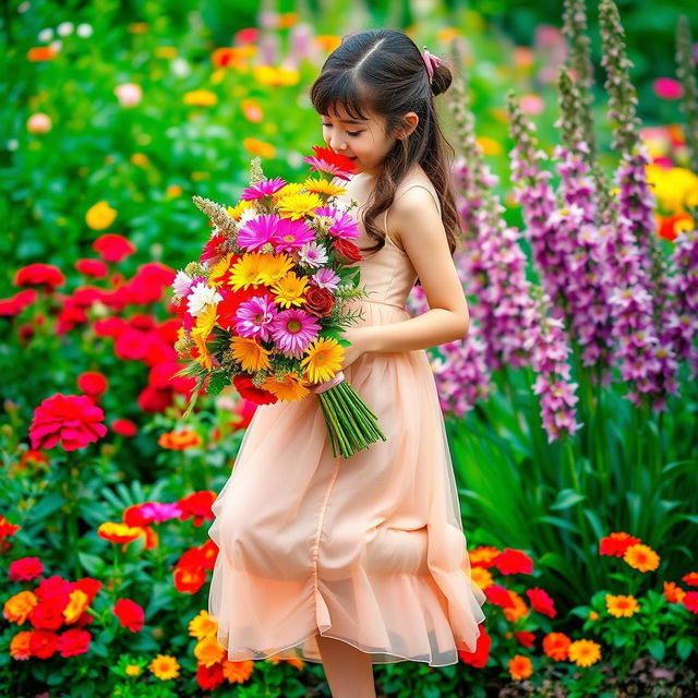 A beautiful girl standing gracefully while smelling a bouquet of colorful flowers