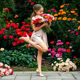 A beautiful girl standing gracefully while smelling a bouquet of colorful flowers