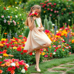 A beautiful girl standing gracefully while smelling a bouquet of colorful flowers