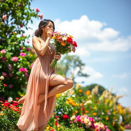 An adult woman standing gracefully, smelling a bouquet of colorful flowers