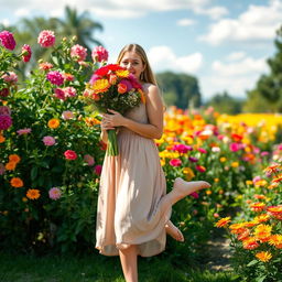 An adult woman standing gracefully, smelling a bouquet of colorful flowers