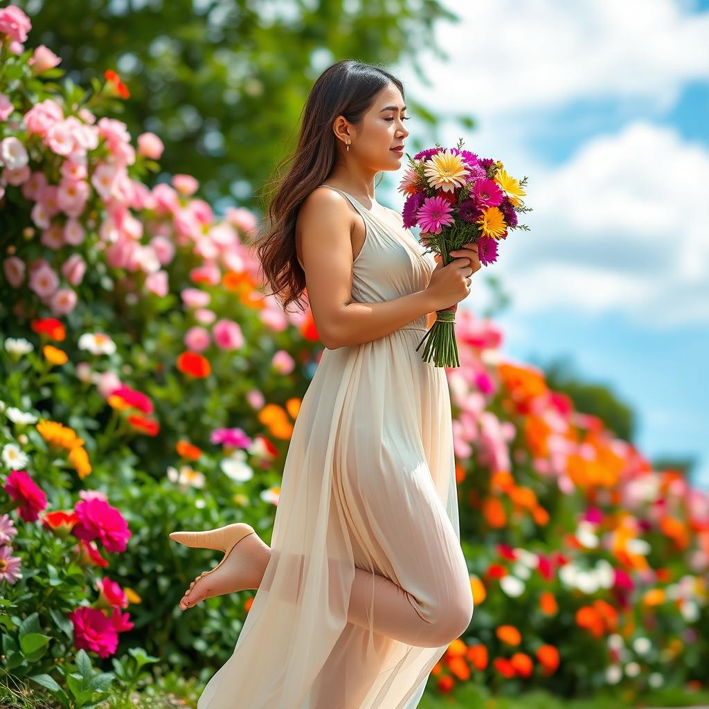 An adult woman standing gracefully, smelling a bouquet of colorful flowers