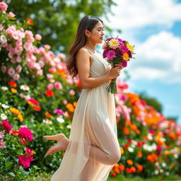 An adult woman standing gracefully, smelling a bouquet of colorful flowers