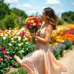 An adult woman standing gracefully, smelling a bouquet of colorful flowers