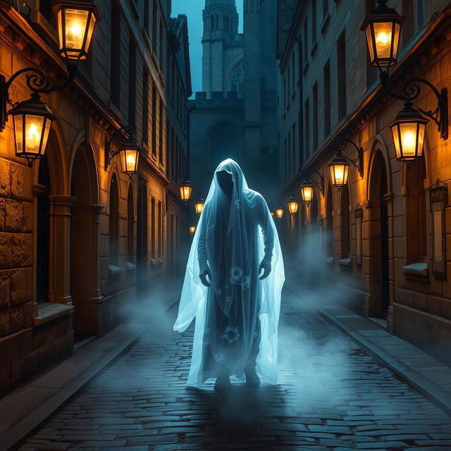 A ghostly guide haunting the cobbled streets of Oxford University, surrounded by ancient, dimly lit lanterns that cast eerie shadows