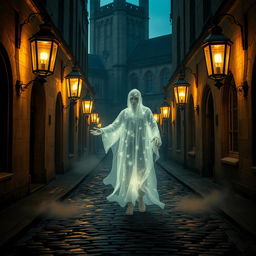 A ghostly guide haunting the cobbled streets of Oxford University, surrounded by ancient, dimly lit lanterns that cast eerie shadows