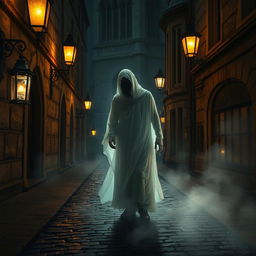 A ghostly guide haunting the cobbled streets of Oxford University, surrounded by ancient, dimly lit lanterns that cast eerie shadows