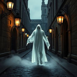 A ghostly guide haunting the cobbled streets of Oxford University, surrounded by ancient, dimly lit lanterns that cast eerie shadows