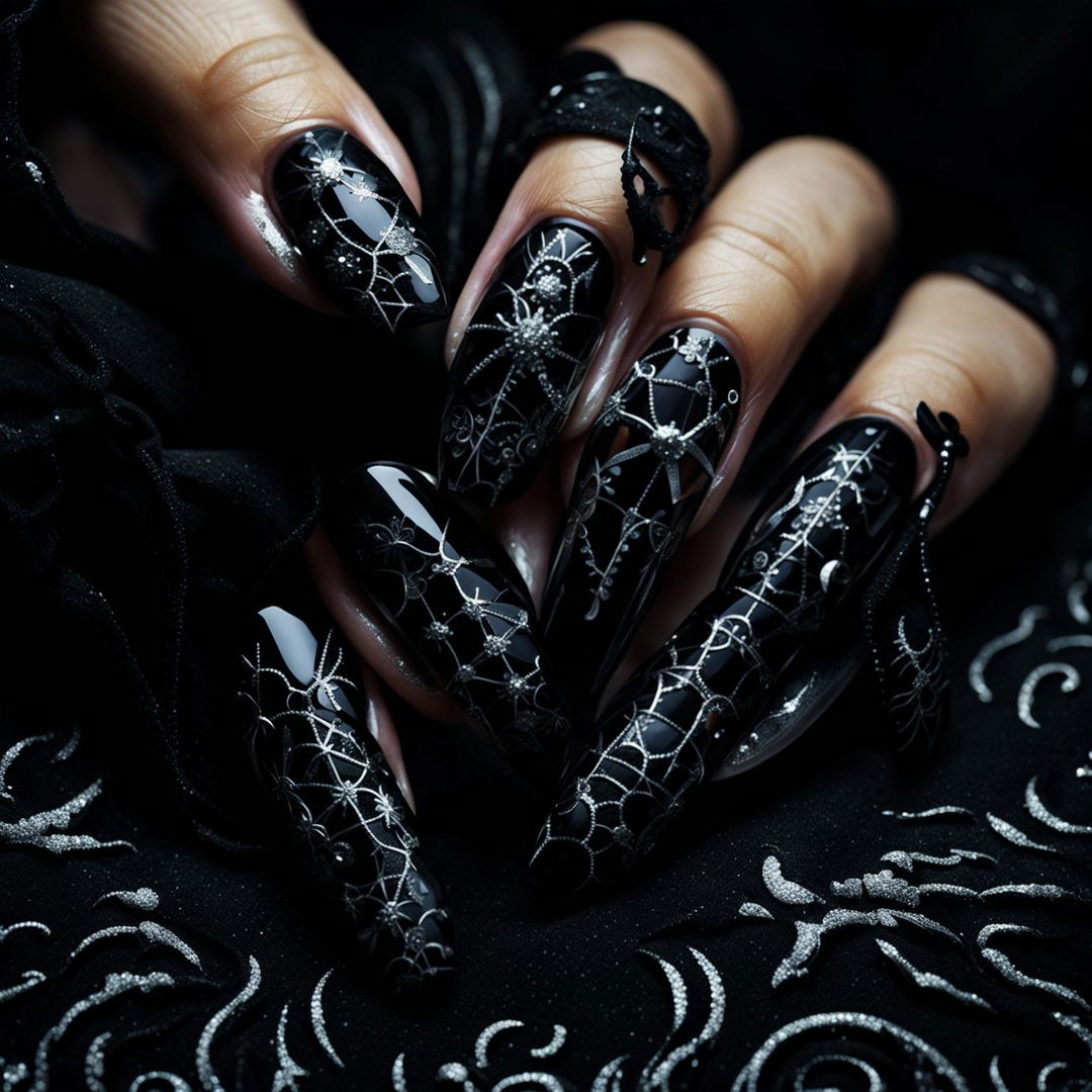 Close-up photograph of gothic-inspired nail art with diamond embellishments on a black velvet surface.