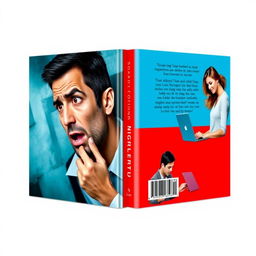 A book cover design featuring a split color scheme of blue and red