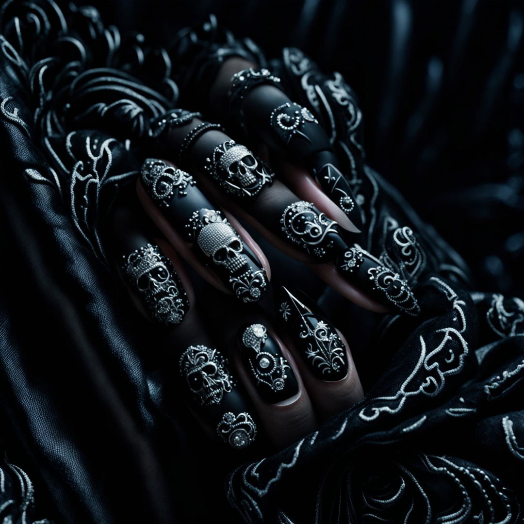 Photograph of a hand showcasing gothic-inspired nail art with skull and rose motifs, adorned with diamond embellishments.