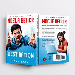 A book cover design featuring a split color scheme of blue and red