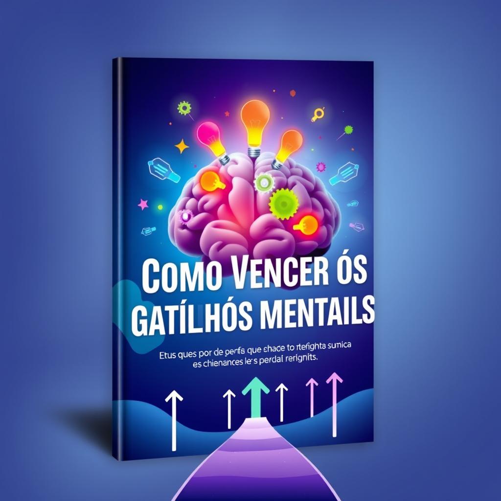 A vibrant ebook cover featuring a brain illuminated with colorful light bulbs and gears, representing mental triggers and creativity