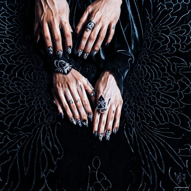 Photograph of hands with gothic-inspired nail art, adorned with diamond embellishments, against a black velvet backdrop.