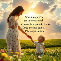 A heartwarming image of a mother and her young son holding hands, both gazing up at the sky where a golden light emerges between the clouds