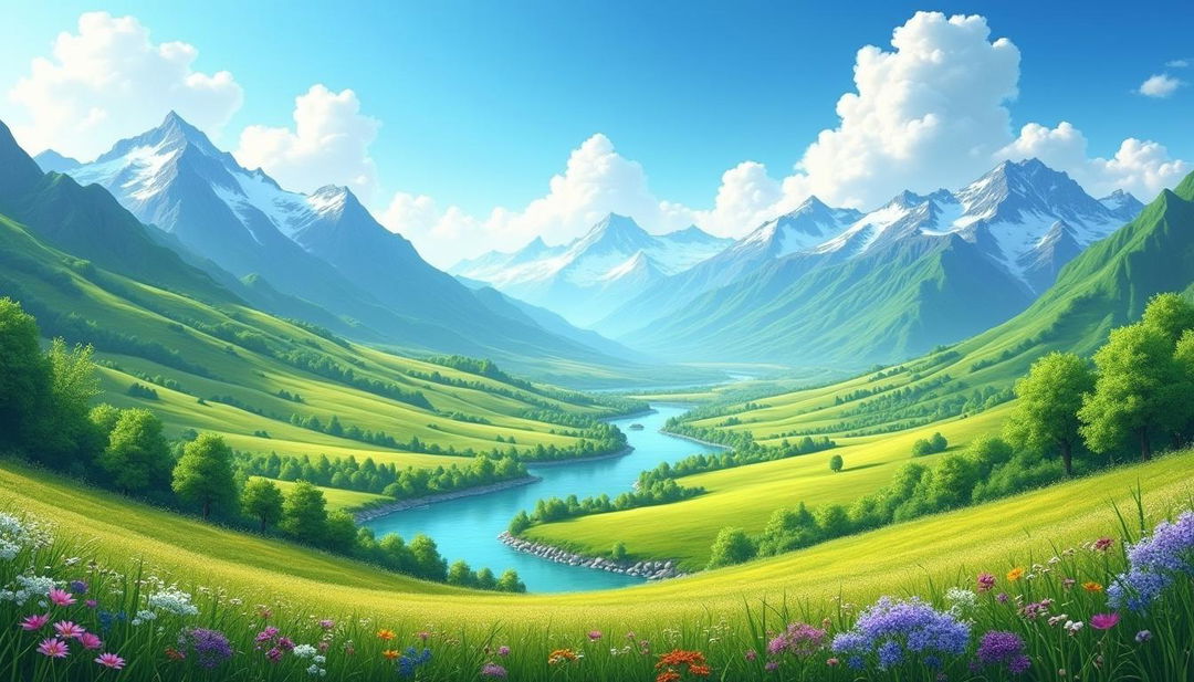 A stunning and vibrant landscape showcasing a breathtaking valley filled with lush green hills under a clear blue sky