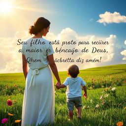 A touching scene depicting a mother and her young son holding hands, both gazing up at the sky where a golden light breaks through the clouds
