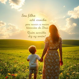 A touching scene depicting a mother and her young son holding hands, both gazing up at the sky where a golden light breaks through the clouds