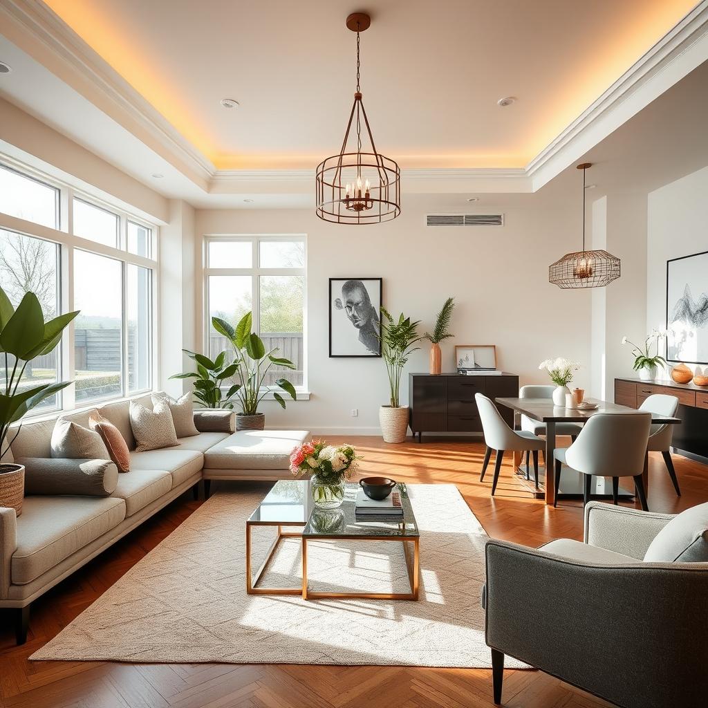 A beautifully designed interior of a dining-living room, showcasing a harmonious blend of comfort and elegance