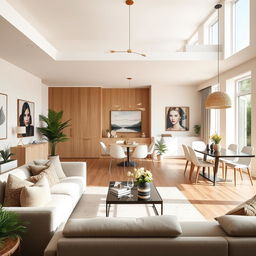 A beautifully designed interior of a dining-living room, showcasing a harmonious blend of comfort and elegance