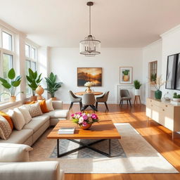 A beautifully designed interior of a dining-living room, showcasing a harmonious blend of comfort and elegance