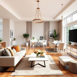 A beautifully designed interior of a dining-living room, showcasing a harmonious blend of comfort and elegance
