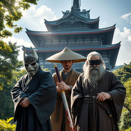 A stunning Japanese temple in the background, beautifully detailed and serene