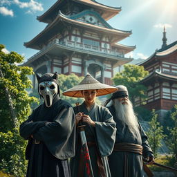 A stunning Japanese temple in the background, beautifully detailed and serene