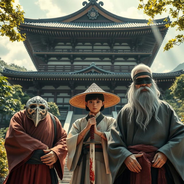 A stunning Japanese temple in the background, beautifully detailed and serene