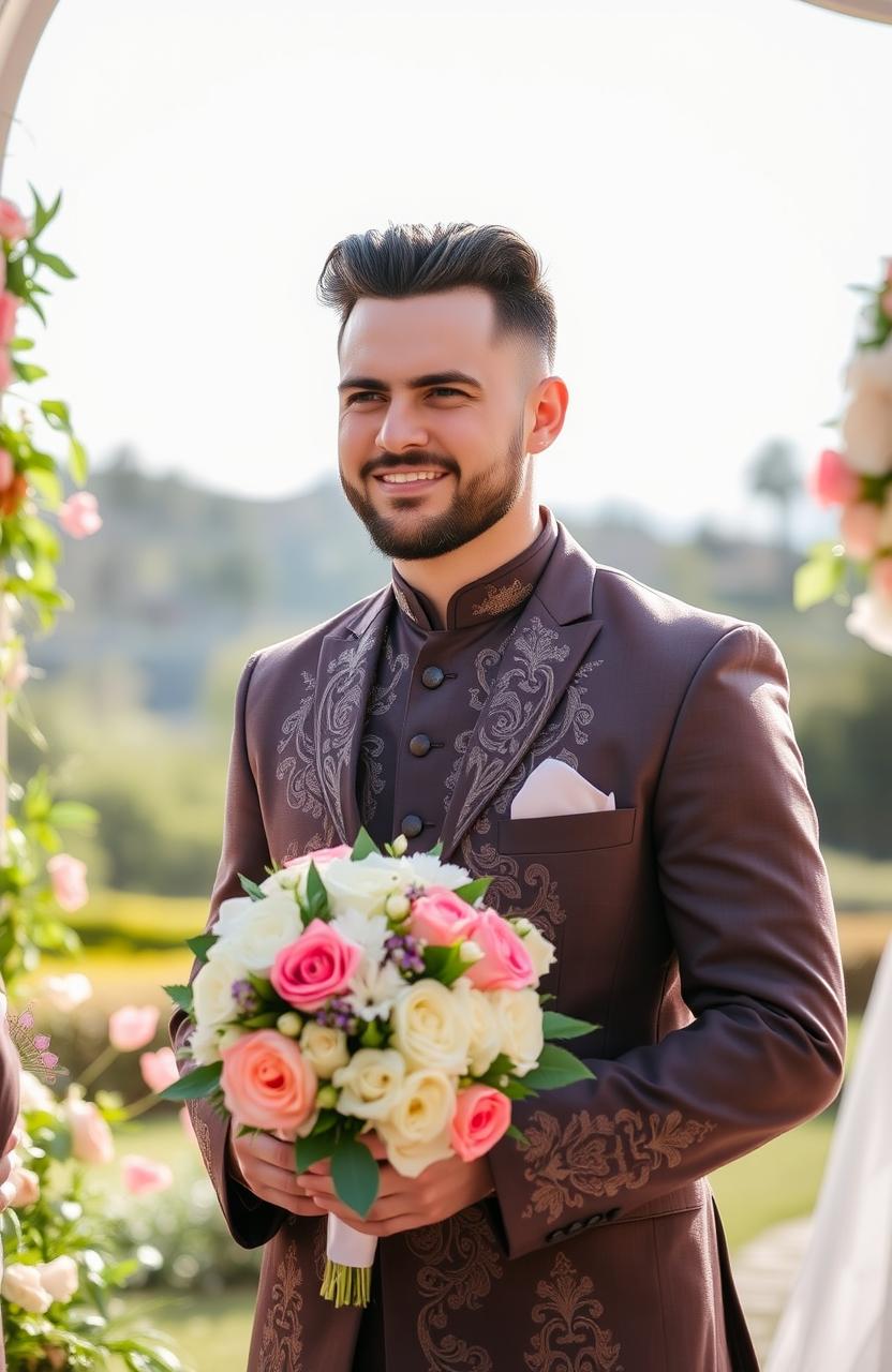 A handsome groom in a traditional wedding outfit, looking slightly anxious yet hopeful, standing at the altar with a beautiful bridal bouquet in his hands