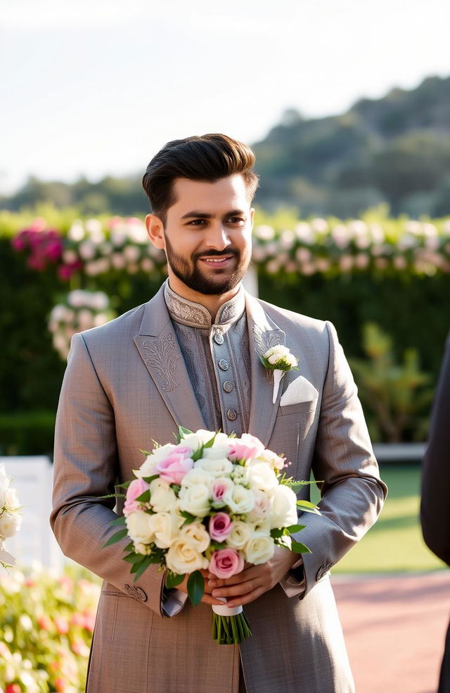 A handsome groom in a traditional wedding outfit, looking slightly anxious yet hopeful, standing at the altar with a beautiful bridal bouquet in his hands