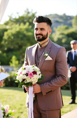 A handsome groom in a traditional wedding outfit, looking slightly anxious yet hopeful, standing at the altar with a beautiful bridal bouquet in his hands