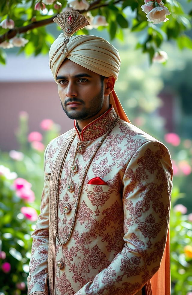 A scene depicting a melancholic and contemplative groom in traditional wedding attire, showcasing intricate embroidery and rich fabric, standing in a beautiful outdoor setting