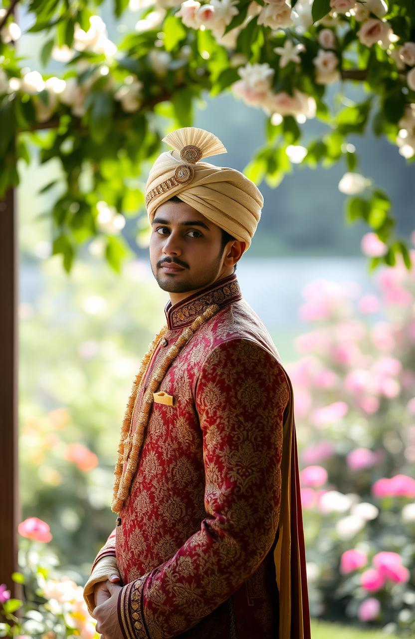 A scene depicting a melancholic and contemplative groom in traditional wedding attire, showcasing intricate embroidery and rich fabric, standing in a beautiful outdoor setting