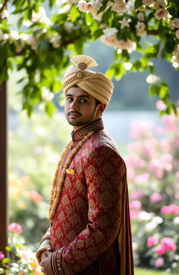 A scene depicting a melancholic and contemplative groom in traditional wedding attire, showcasing intricate embroidery and rich fabric, standing in a beautiful outdoor setting