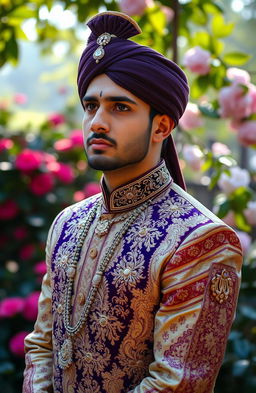 A scene depicting a melancholic and contemplative groom in traditional wedding attire, showcasing intricate embroidery and rich fabric, standing in a beautiful outdoor setting