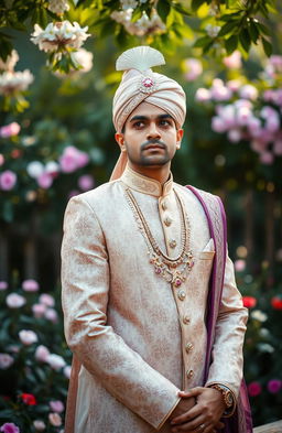 A scene depicting a melancholic and contemplative groom in traditional wedding attire, showcasing intricate embroidery and rich fabric, standing in a beautiful outdoor setting