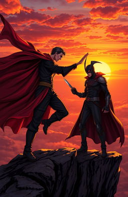 A dramatic scene on a cliff during sunset, showcasing a heroic figure in a flowing cape, swaying in the wind, with tears streaming down his face